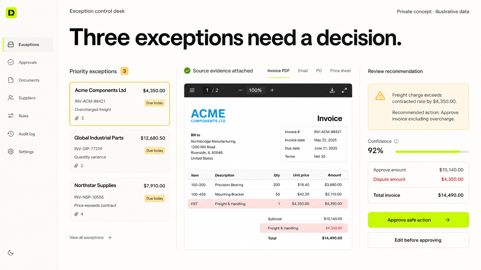 Operations exception control desk with invoice evidence and approval