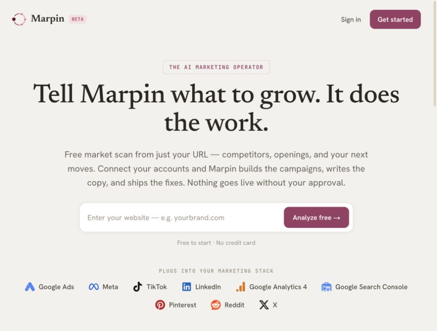 Marpin authenticated workspace with marketing priorities and AI recommendations