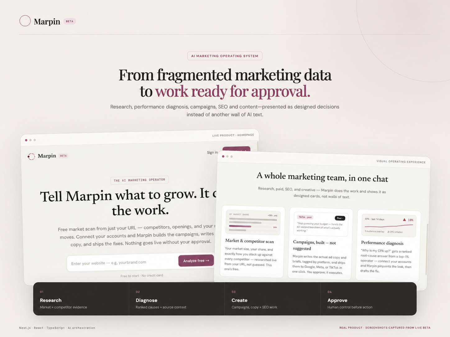 Marpin — Turns a company URL and marketing context into evidence-backed analysis, editable campaign work and approval-ready actions.